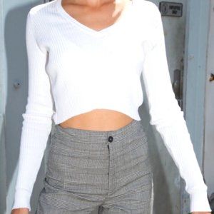 Brandy Melville White V-Neck Sweater Long Sleeve White